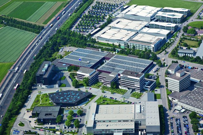 aerophoto of the campus of TRUMPF headquarters in Ditzingen Germany